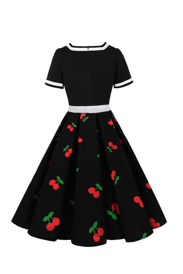 Svart Körsbär Tryck V-Hals Kortärmad Vintage Klänning